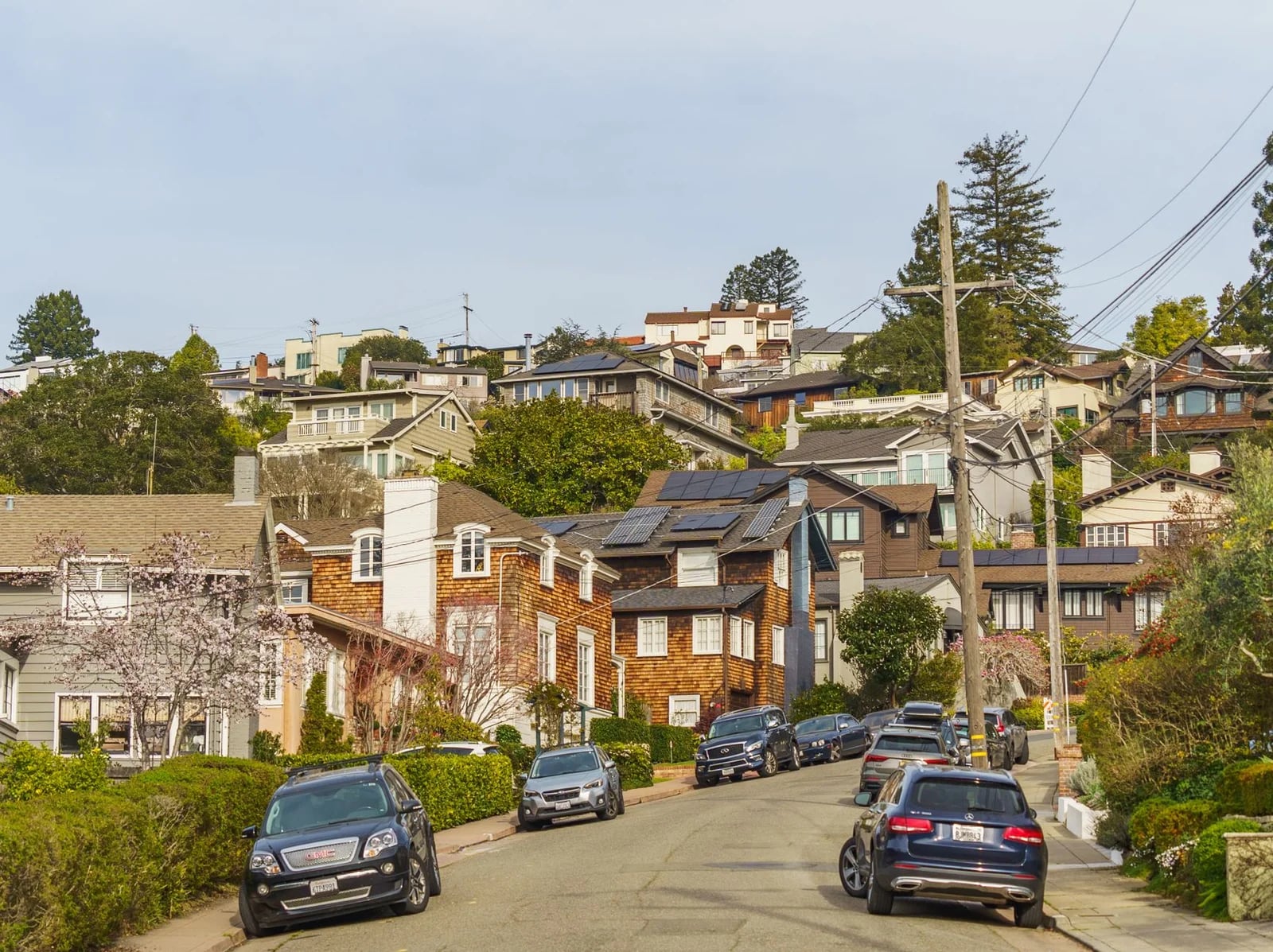 A picturesque hillside neighborhood with classic homes and parked cars on a calm, sunny day.